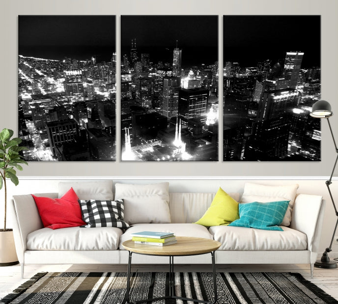 Black and White Chicago Wall Art Print Night Skyline Cityscape Canvas Decor