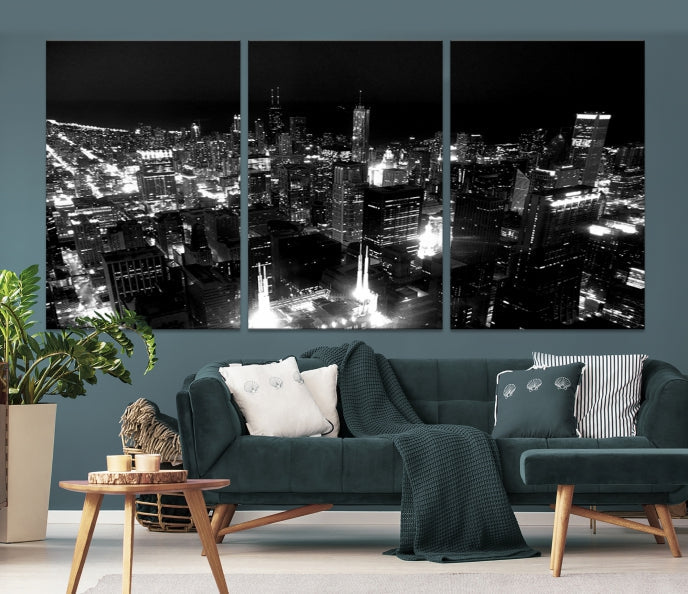 Black and White Chicago Wall Art Print Night Skyline Cityscape Canvas Decor