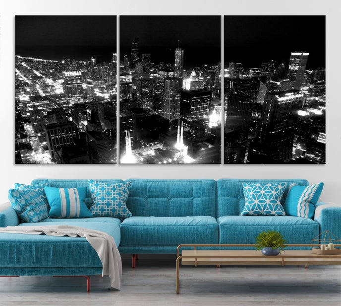 Black and White Chicago Wall Art Print Night Skyline Cityscape Canvas Decor