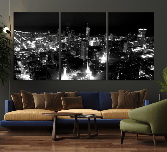 Black and White Chicago Wall Art Print Night Skyline Cityscape Canvas Decor