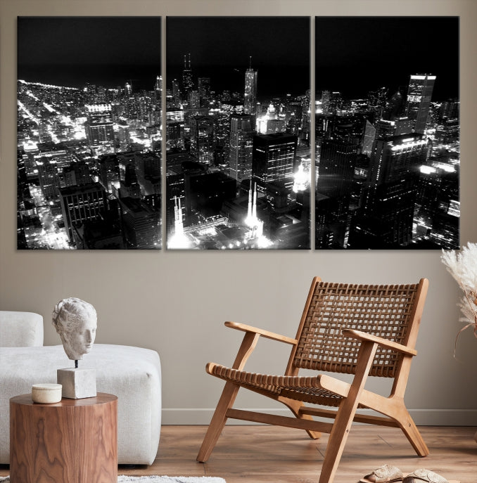 Black and White Chicago Wall Art Print Night Skyline Cityscape Canvas Decor