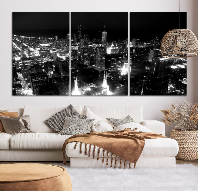 Black and White Chicago Wall Art Print Night Skyline Cityscape Canvas Decor