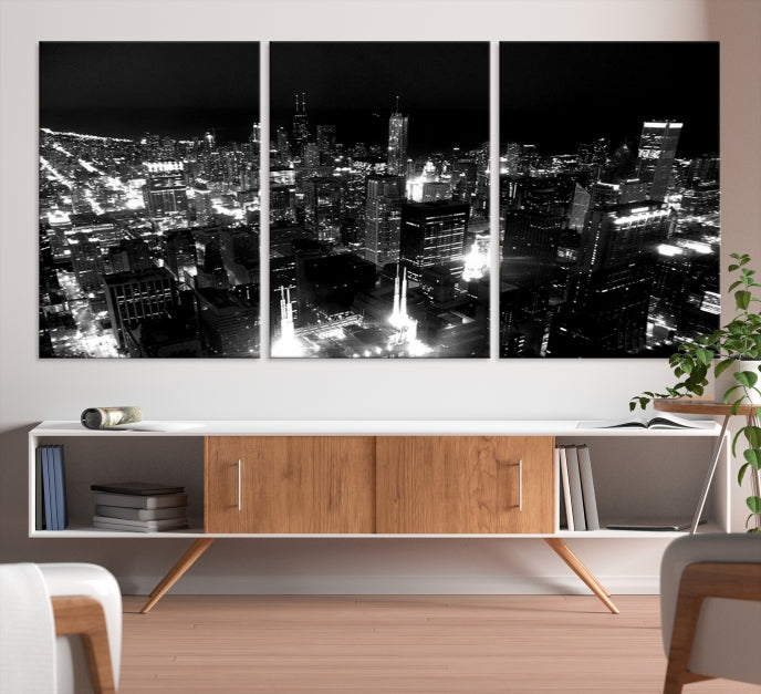 Black and White Chicago Wall Art Print Night Skyline Cityscape Canvas Decor