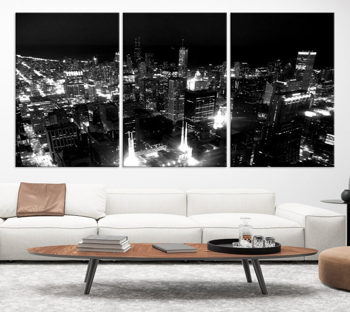 Black and White Chicago Wall Art Print Night Skyline Cityscape Canvas Decor