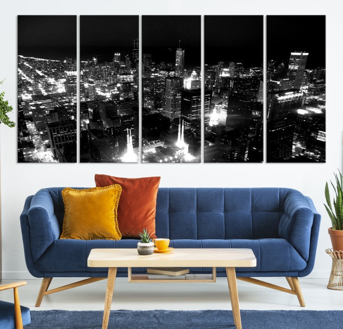 Black and White Chicago Wall Art Print Night Skyline Cityscape Canvas Decor