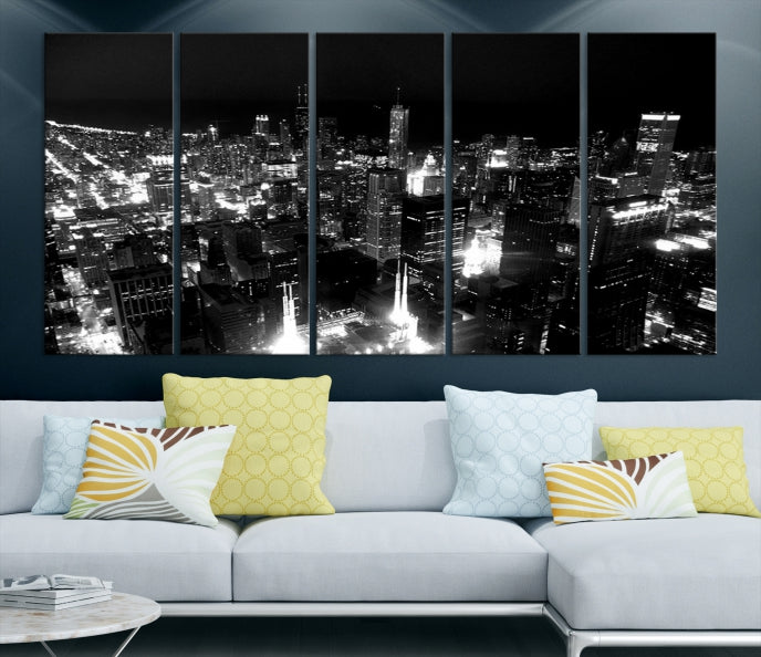 Black and White Chicago Wall Art Print Night Skyline Cityscape Canvas Decor