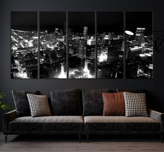 Black and White Chicago Wall Art Print Night Skyline Cityscape Canvas Decor