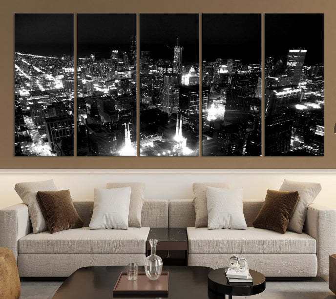 Black and White Chicago Wall Art Print Night Skyline Cityscape Canvas Decor