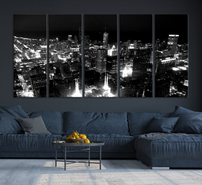 Black and White Chicago Wall Art Print Night Skyline Cityscape Canvas Decor