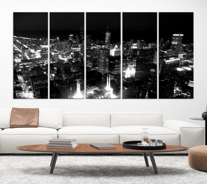 Black and White Chicago Wall Art Print Night Skyline Cityscape Canvas Decor