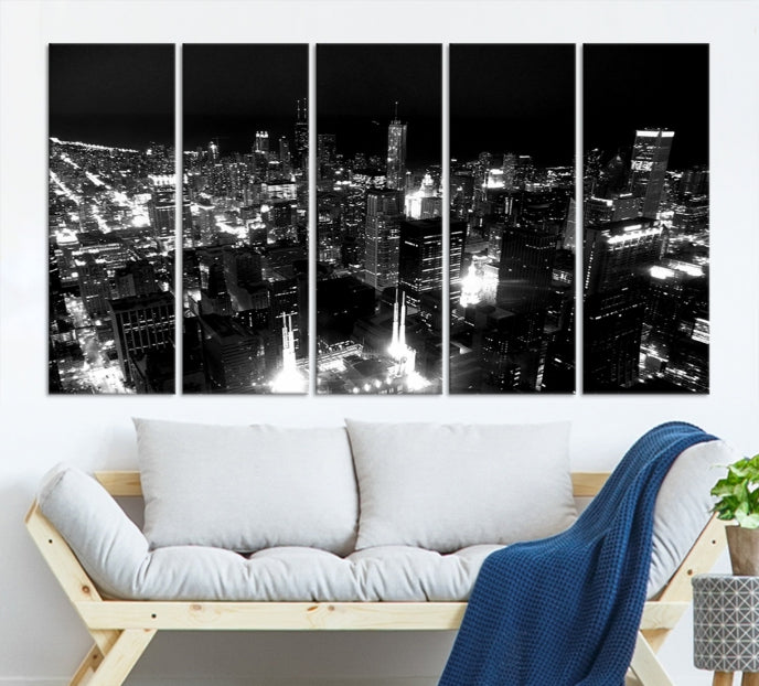 Black and White Chicago Wall Art Print Night Skyline Cityscape Canvas Decor