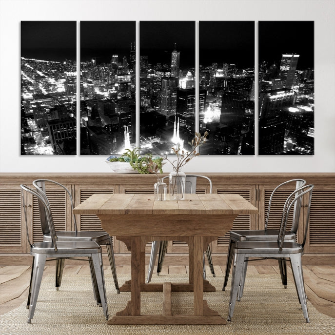 Black and White Chicago Wall Art Print Night Skyline Cityscape Canvas Decor