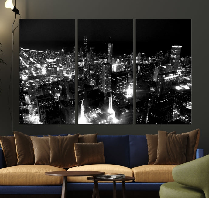 Black and White Chicago Wall Art Print Night Skyline Cityscape Canvas Decor