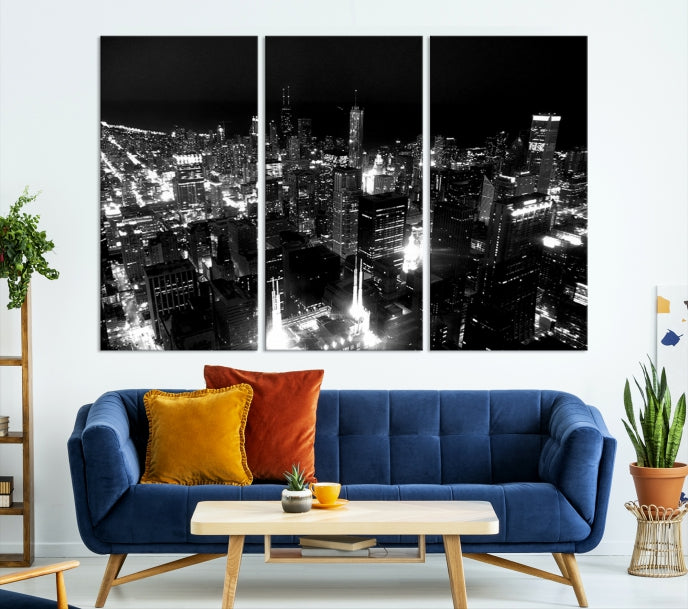 Black and White Chicago Wall Art Print Night Skyline Cityscape Canvas Decor