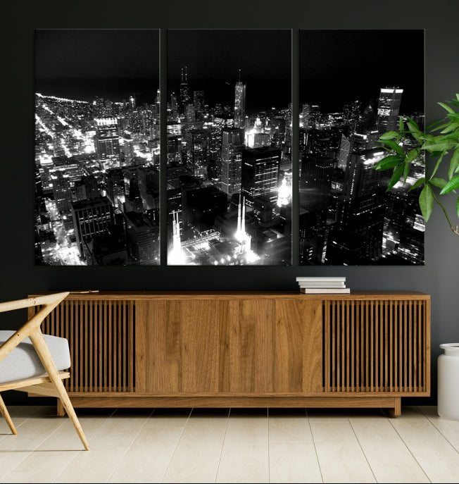 Black and White Chicago Wall Art Print Night Skyline Cityscape Canvas Decor