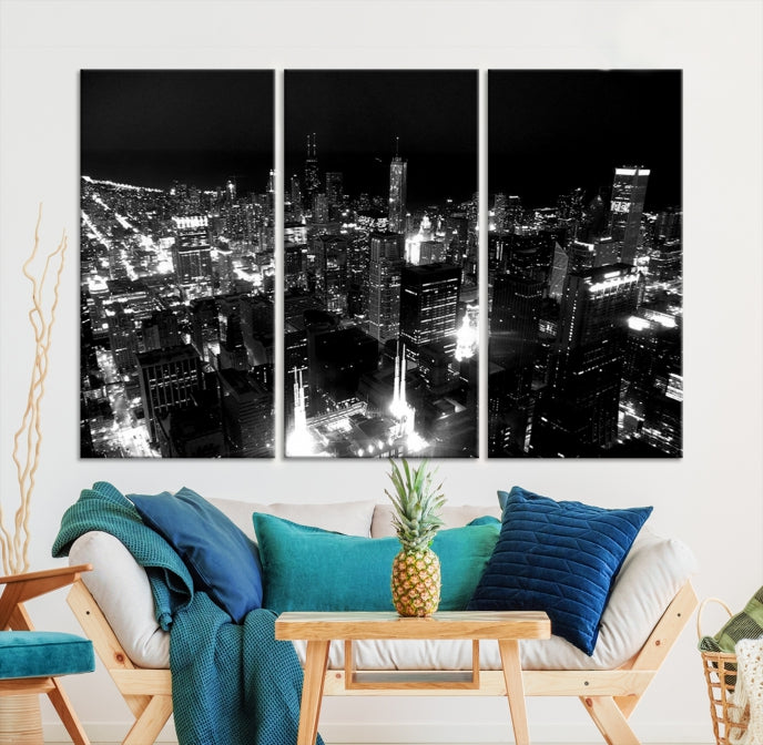 Black and White Chicago Wall Art Print Night Skyline Cityscape Canvas Decor