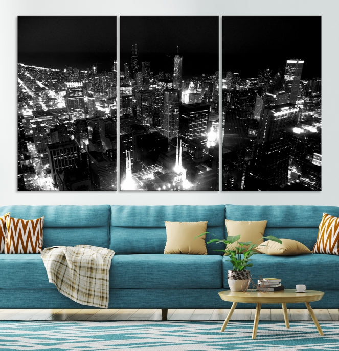 Black and White Chicago Wall Art Print Night Skyline Cityscape Canvas Decor