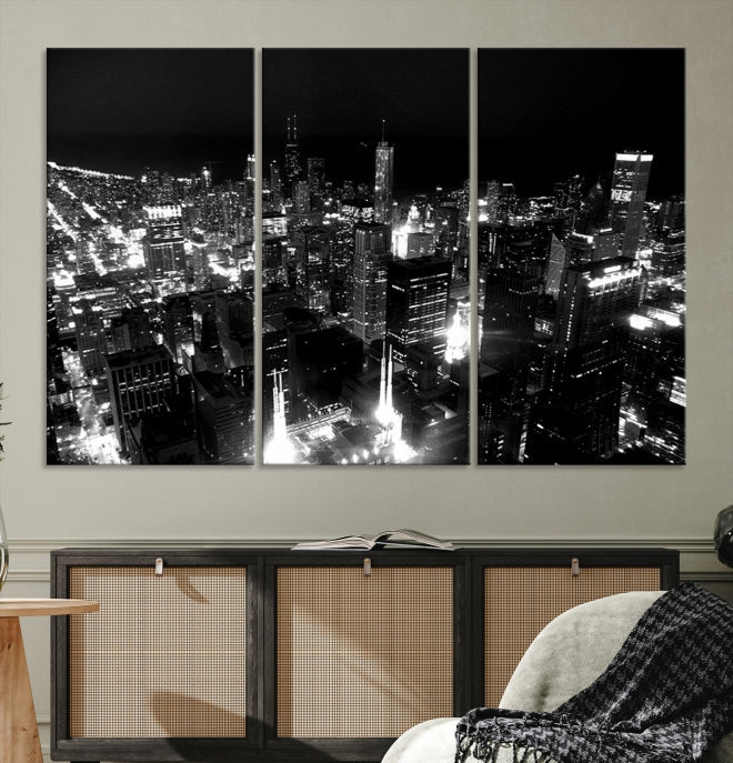 Black and White Chicago Wall Art Print Night Skyline Cityscape Canvas Decor