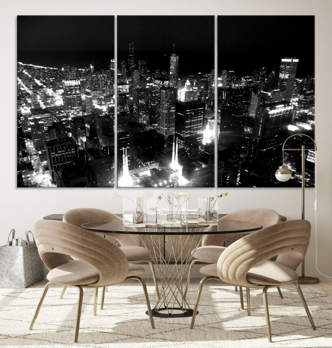 Black and White Chicago Wall Art Print Night Skyline Cityscape Canvas Decor