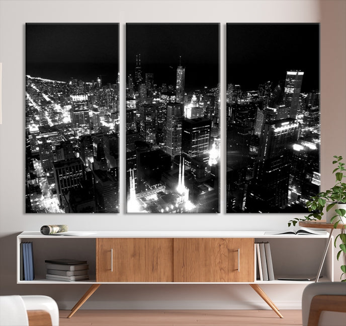 Black and White Chicago Wall Art Print Night Skyline Cityscape Canvas Decor