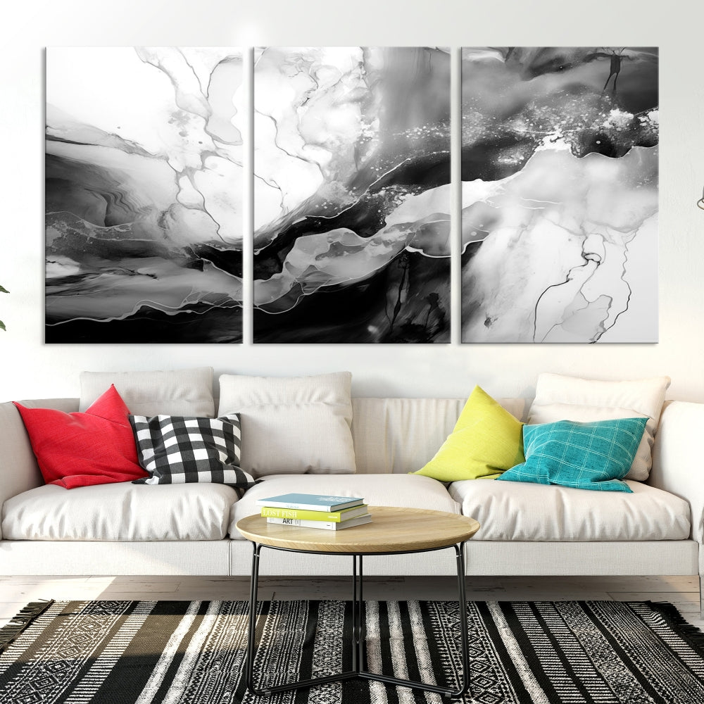 Black and White Clouds Abstract Painting Printed on Canvas Wall Art Framed