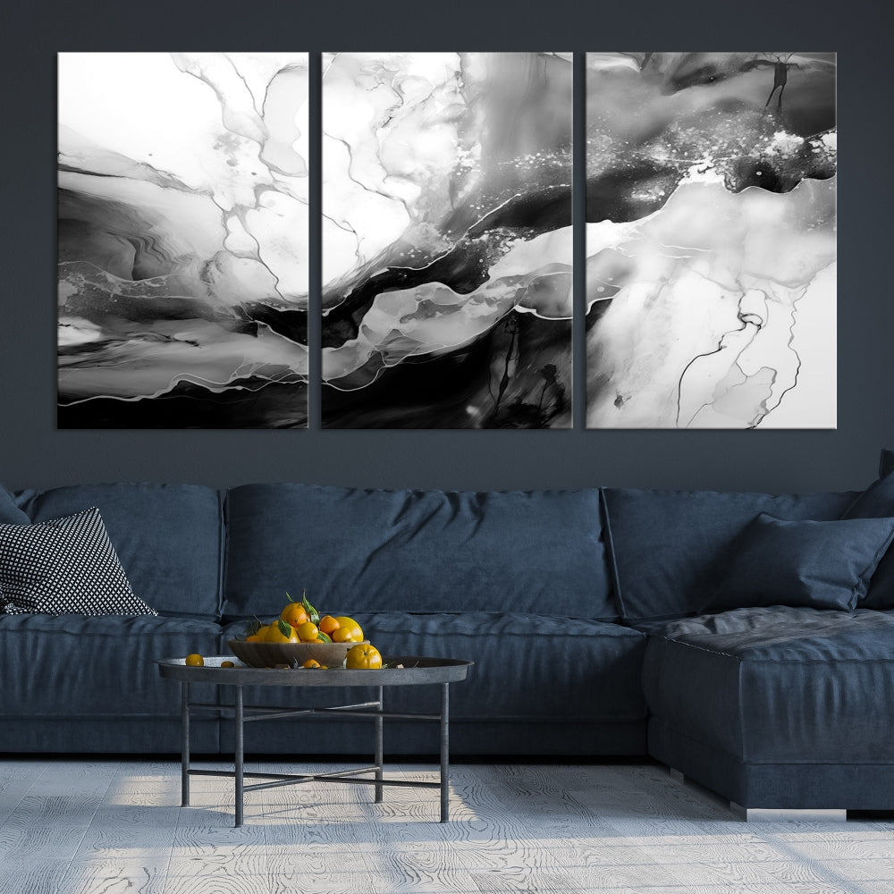 Black and White Clouds Abstract Painting Printed on Canvas Wall Art Framed