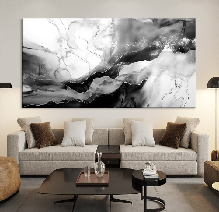 Black and White Clouds Abstract Painting Printed on Canvas Wall Art Framed