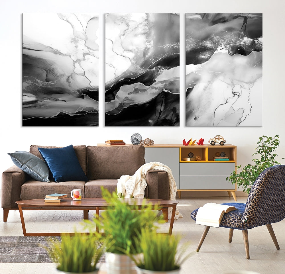 Black and White Clouds Abstract Painting Printed on Canvas Wall Art Framed