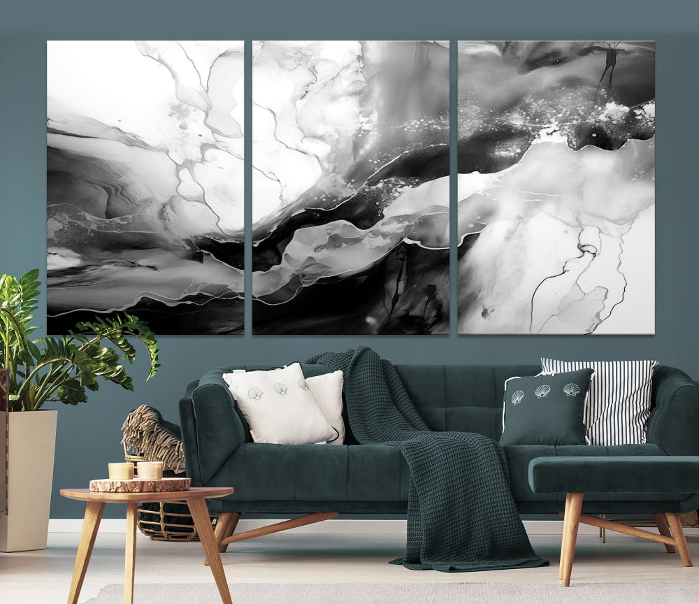 Black and White Clouds Abstract Painting Printed on Canvas Wall Art Framed