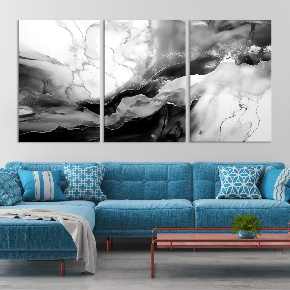 Black and White Clouds Abstract Painting Printed on Canvas Wall Art Framed