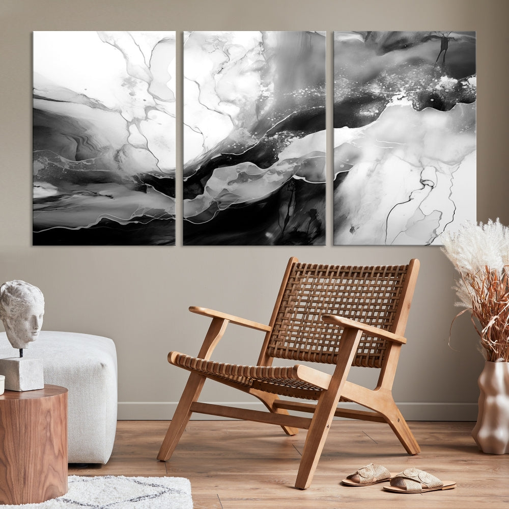 Black and White Clouds Abstract Painting Printed on Canvas Wall Art Framed