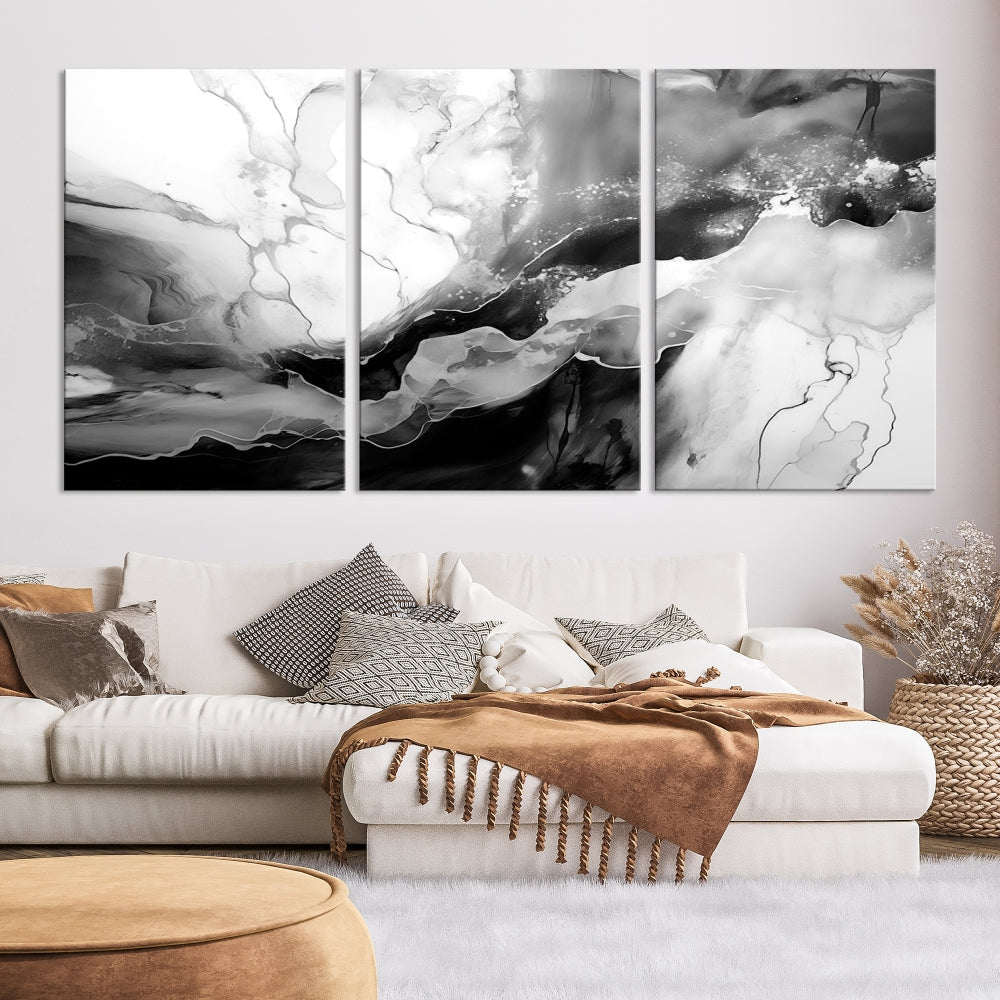 Black and White Clouds Abstract Painting Printed on Canvas Wall Art Framed