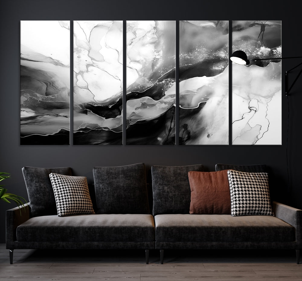 Black and White Clouds Abstract Painting Printed on Canvas Wall Art Framed