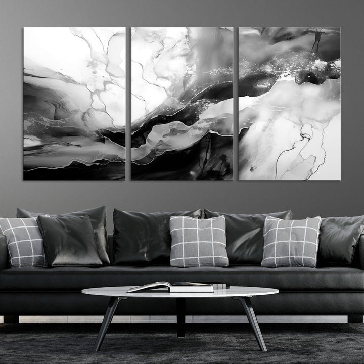 Black and White Clouds Abstract Painting Printed on Canvas Wall Art Framed