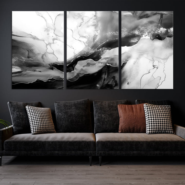 Black and White Clouds Abstract Painting Printed on Canvas Wall Art Framed