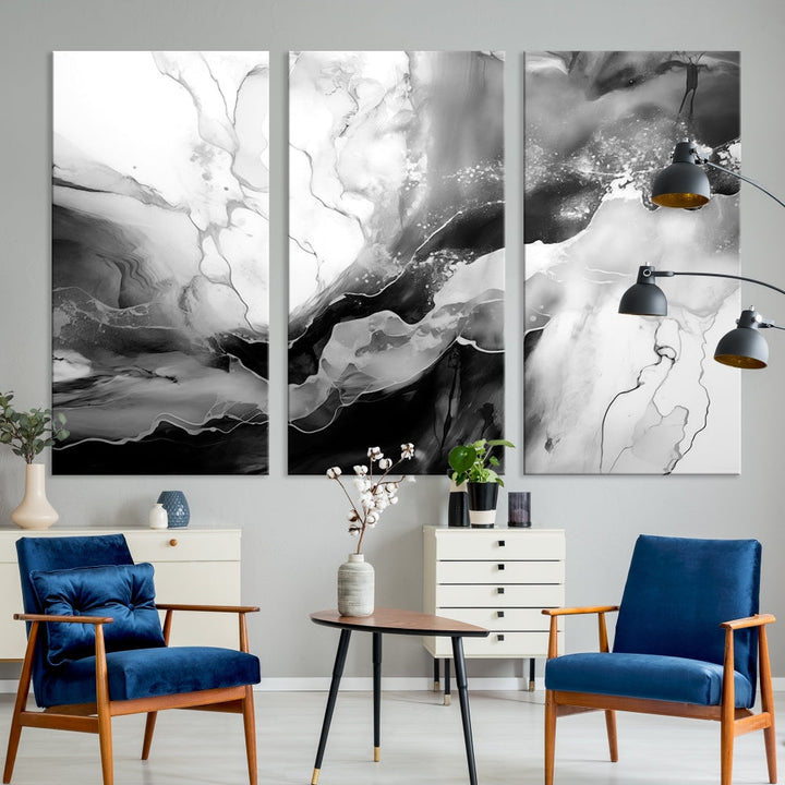 Black and White Clouds Abstract Painting Printed on Canvas Wall Art Framed