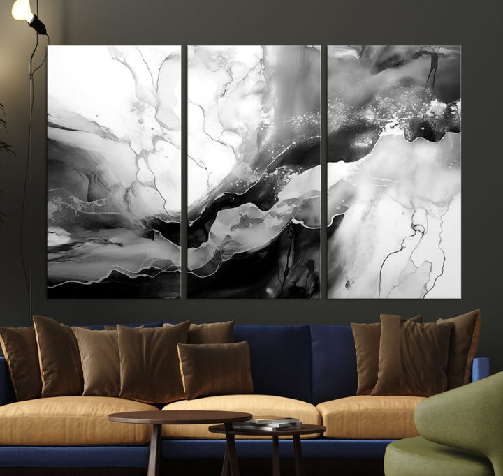 Black and White Clouds Abstract Painting Printed on Canvas Wall Art Framed