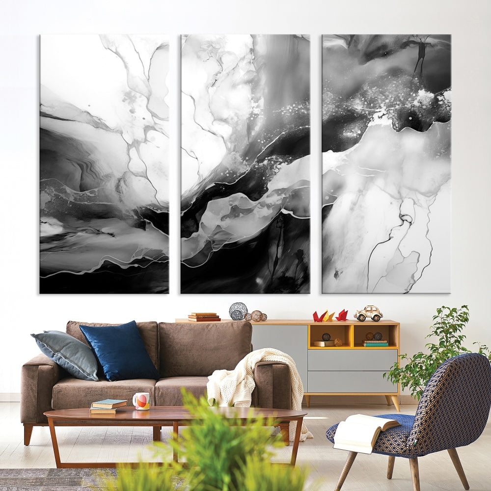 Black and White Clouds Abstract Painting Printed on Canvas Wall Art Framed