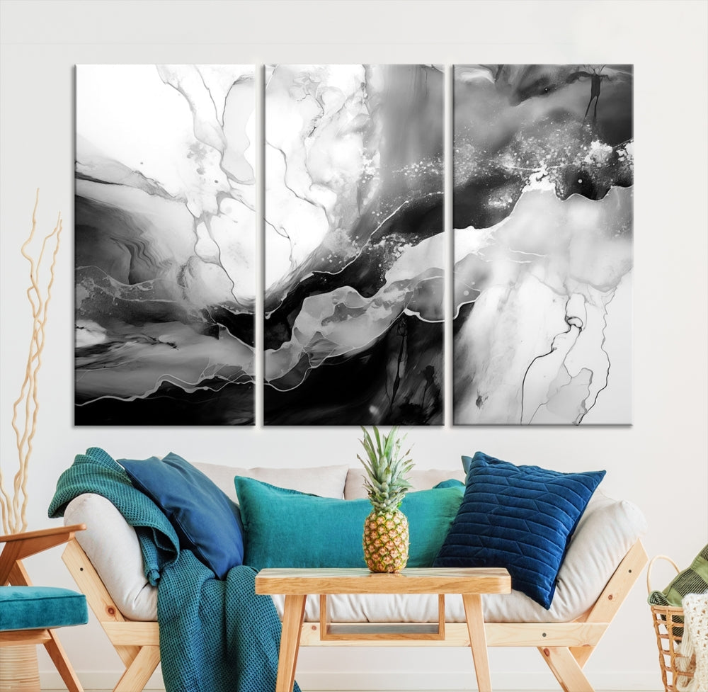 Black and White Clouds Abstract Painting Printed on Canvas Wall Art Framed