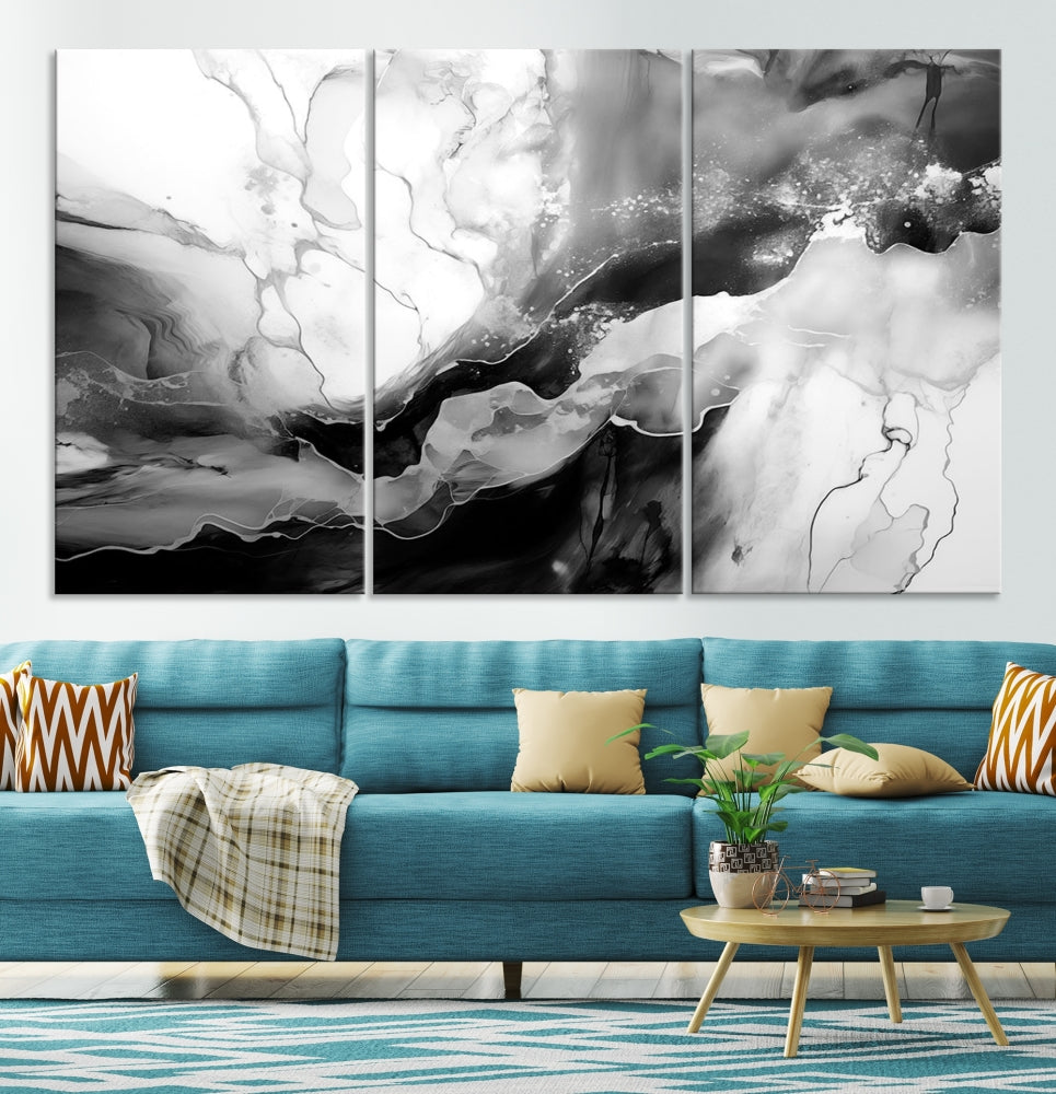 Black and White Clouds Abstract Painting Printed on Canvas Wall Art Framed