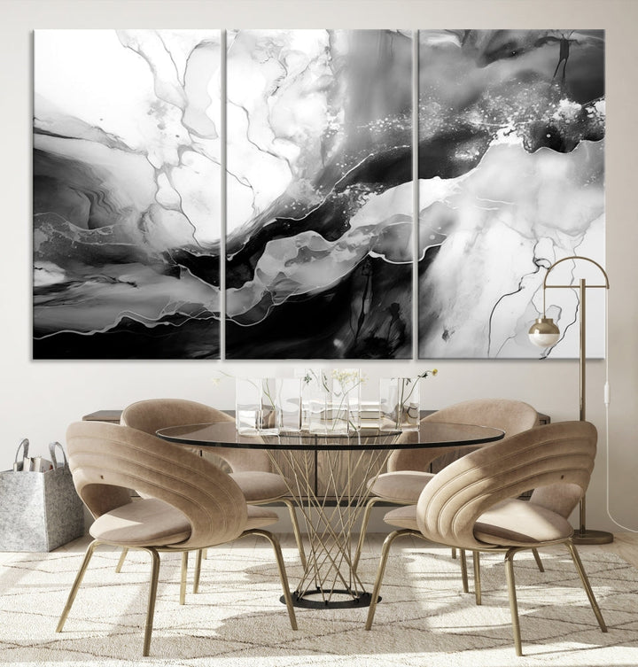 Black and White Clouds Abstract Painting Printed on Canvas Wall Art Framed