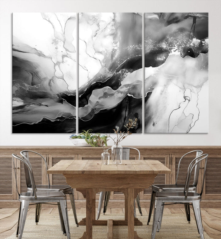 Black and White Clouds Abstract Painting Printed on Canvas Wall Art Framed