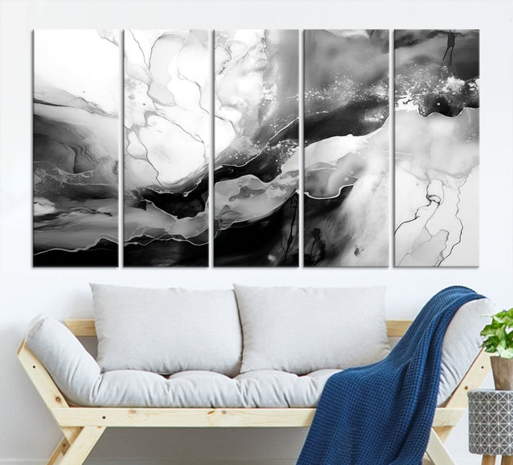 Black and White Clouds Abstract Painting Printed on Canvas Wall Art Framed