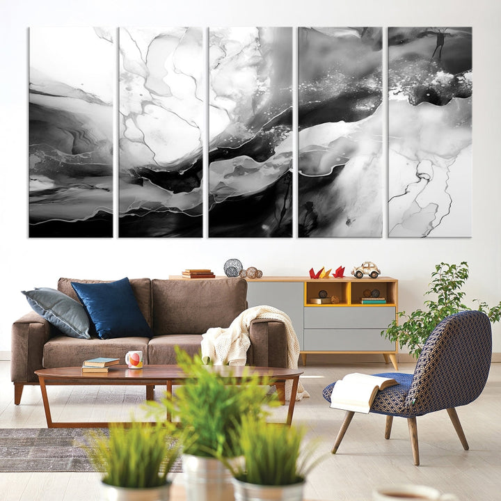 Black and White Clouds Abstract Painting Printed on Canvas Wall Art Framed