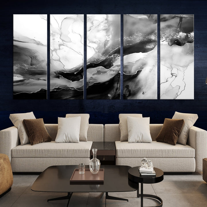 Black and White Clouds Abstract Painting Printed on Canvas Wall Art Framed