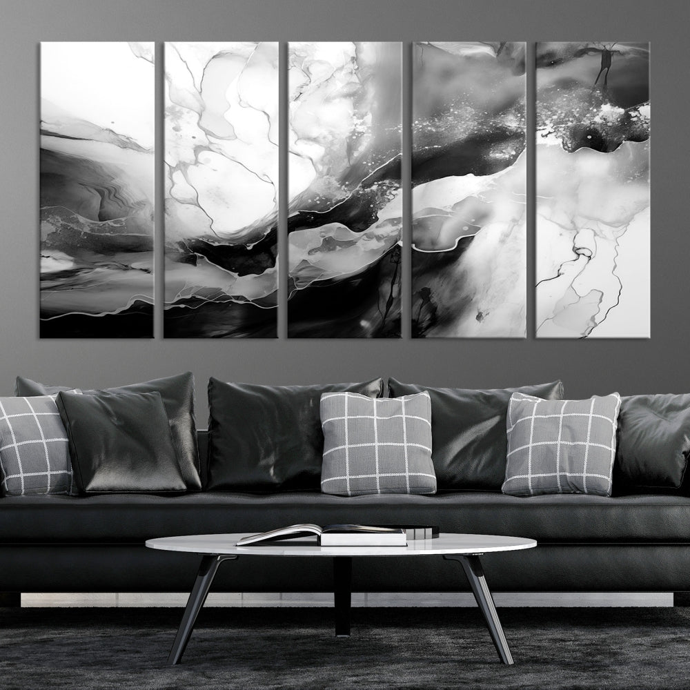 Black and White Clouds Abstract Painting Printed on Canvas Wall Art Framed