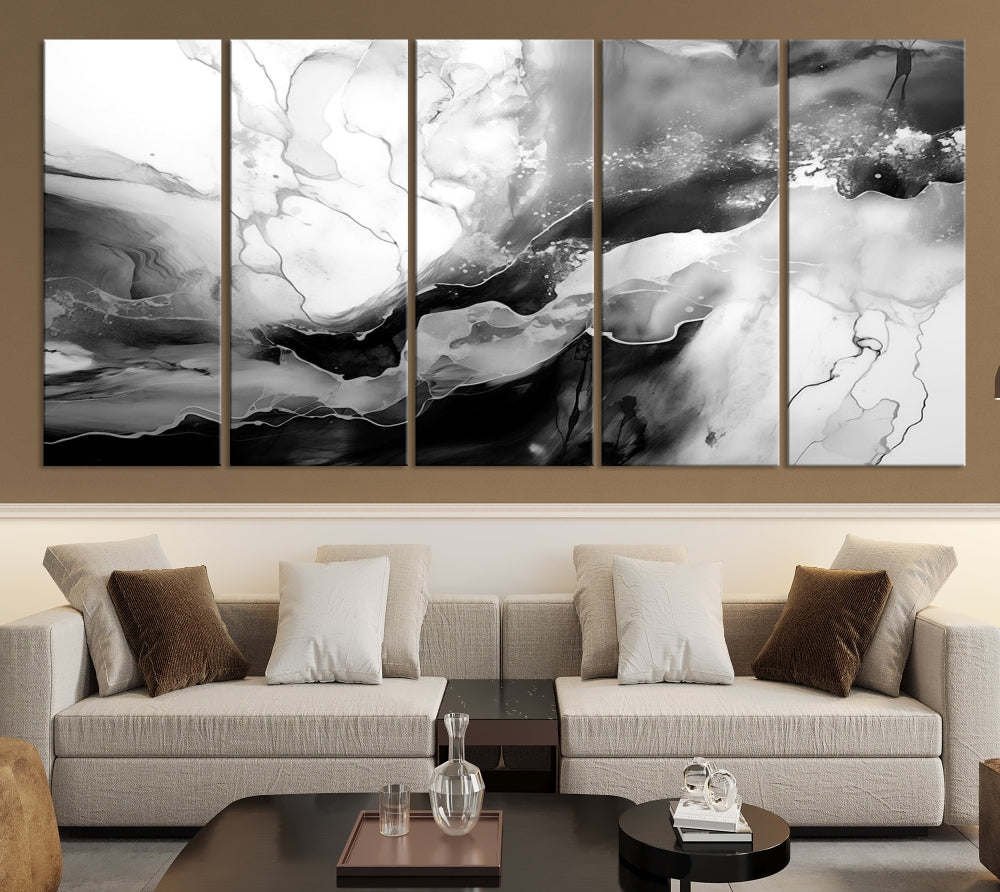 Black and White Clouds Abstract Painting Printed on Canvas Wall Art Framed