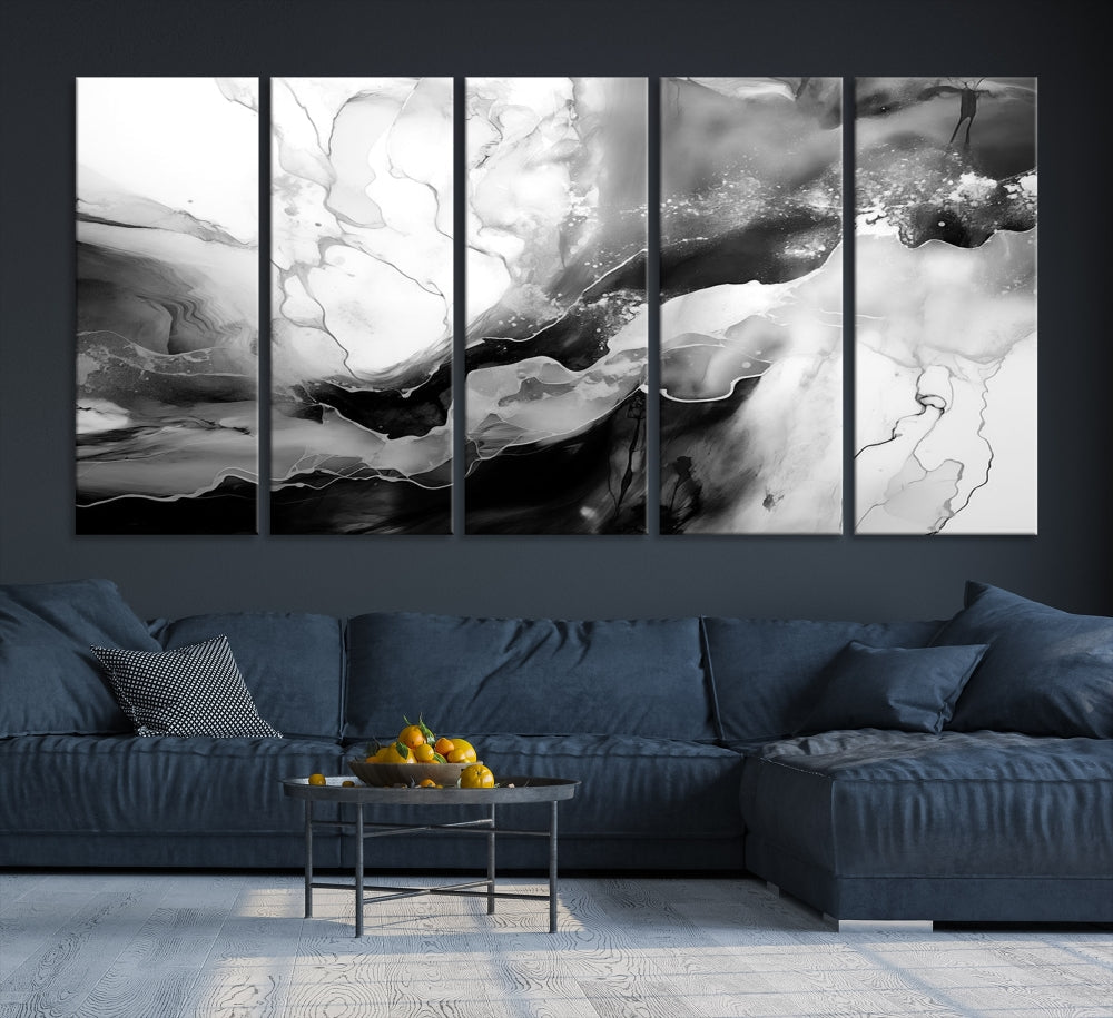 Black and White Clouds Abstract Painting Printed on Canvas Wall Art Framed