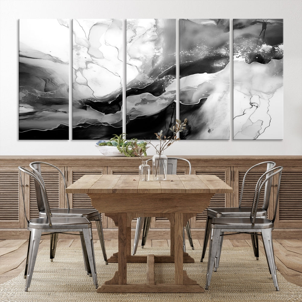 Black and White Clouds Abstract Painting Printed on Canvas Wall Art Framed