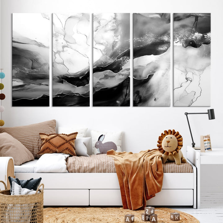 Black and White Clouds Abstract Painting Printed on Canvas Wall Art Framed